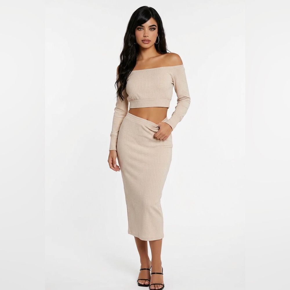 🛍️ Women’s beige off shoulder, cropped Mila midi skirt set NWT